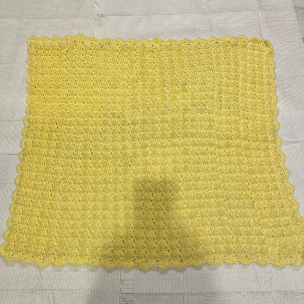 Vintage Handmade Yellow Crocheted Square Baby Blanket Raised Bobbles